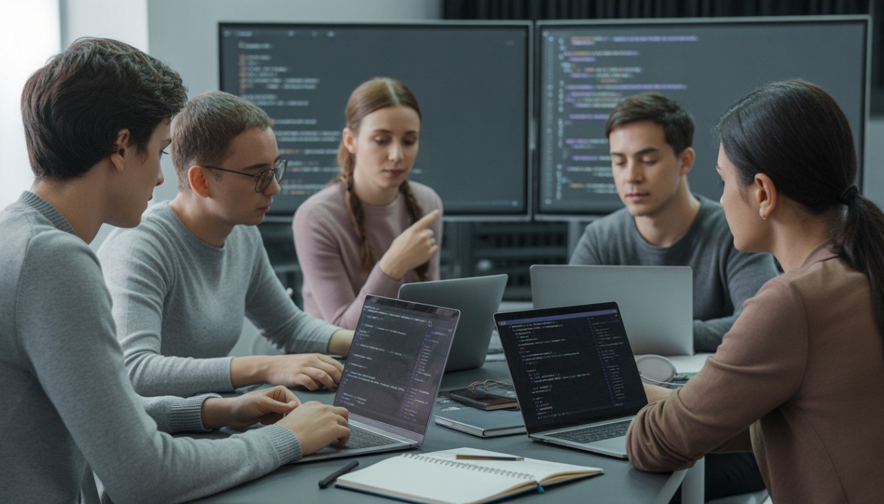 Group of people working on laptops in a classroom setting