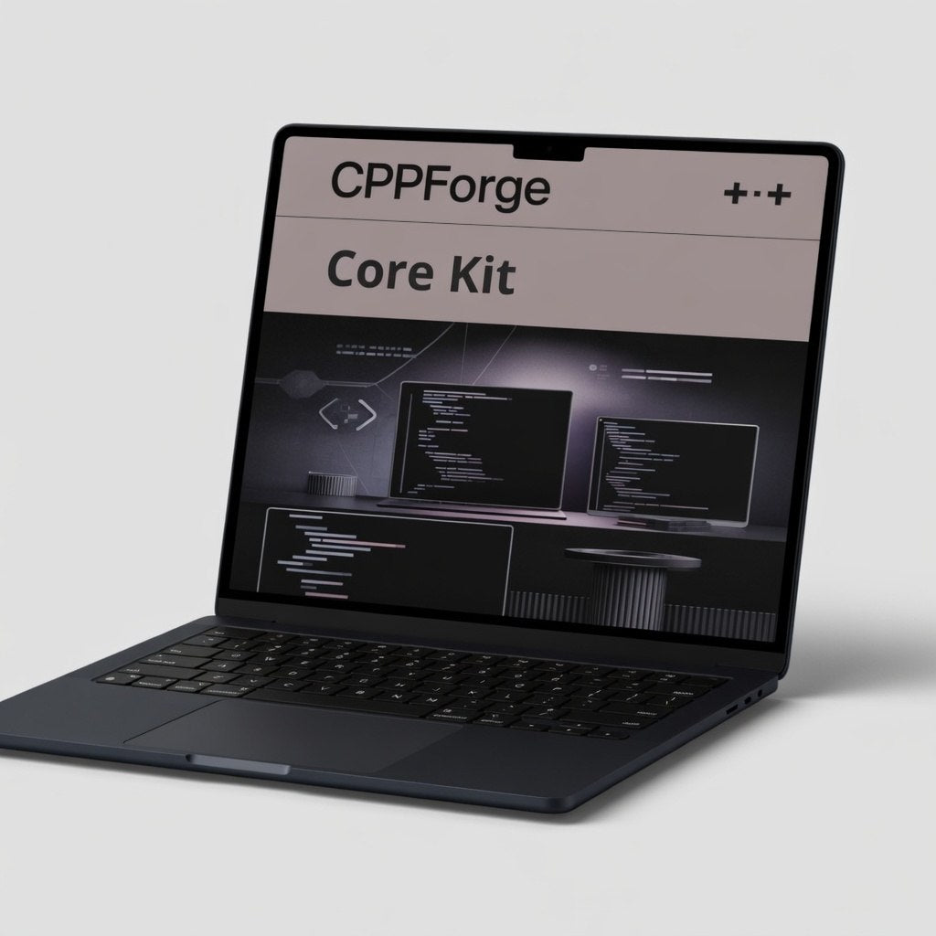 Laptop displaying 'CPPForge Core Kit' on a light gray background