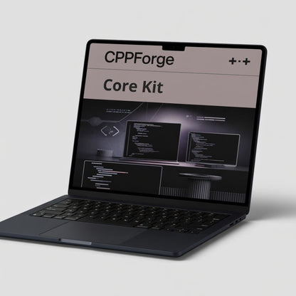 Laptop displaying 'CPPForge Core Kit' on a light gray background